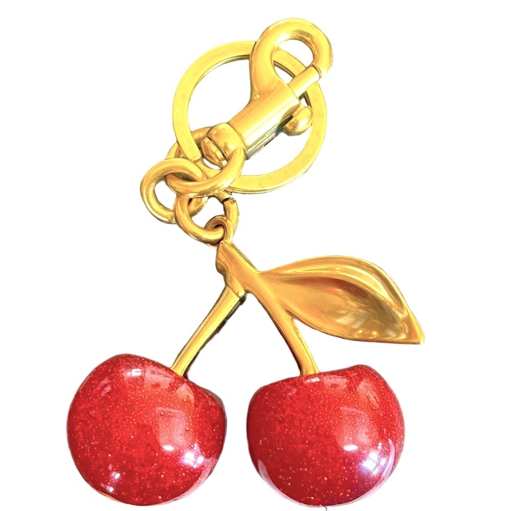 Cherry Bag Charm or Keychain with Antique Brass look hardware